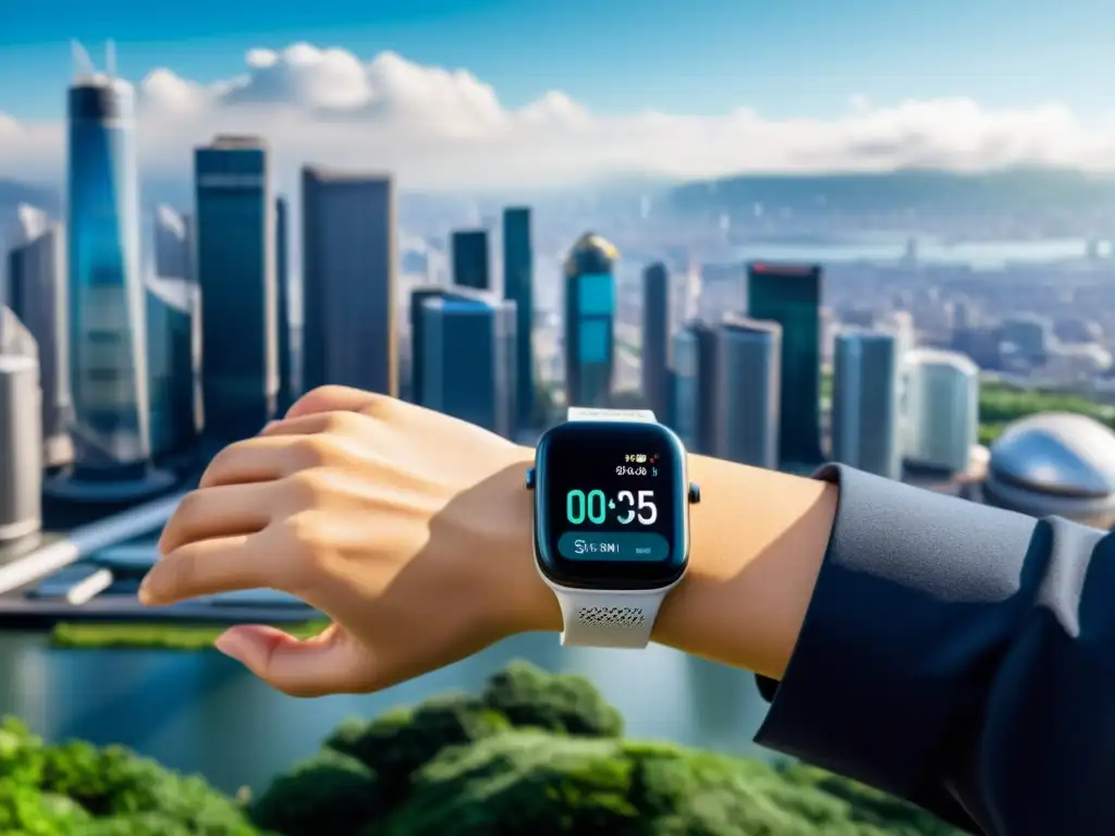 Dispositivo portátil de alta tecnología para el control ambiental Un wearable de diseño moderno en la muñeca muestra datos de salud ambiental en una ciudad futurista