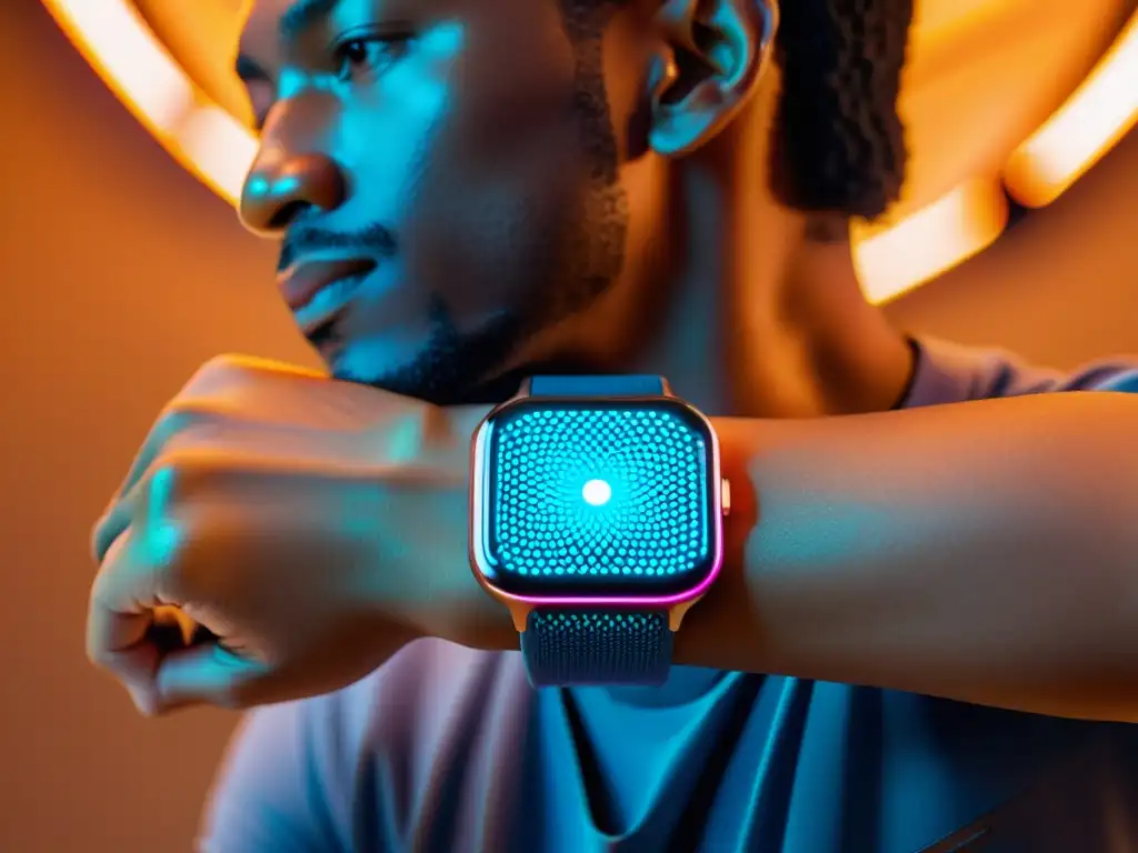 Wearable de alta tecnología estimula el sistema inmune Wearable de estimulación inmunológica con vibraciones LED vibrantes en ambiente futurista