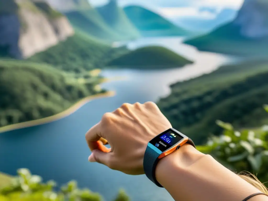Rastreador fitness muestra respuesta inmune en la naturaleza Wearables midiendo la respuesta inmune durante el ejercicio al aire libre, uniendo tecnología y naturaleza en un escenario impresionante