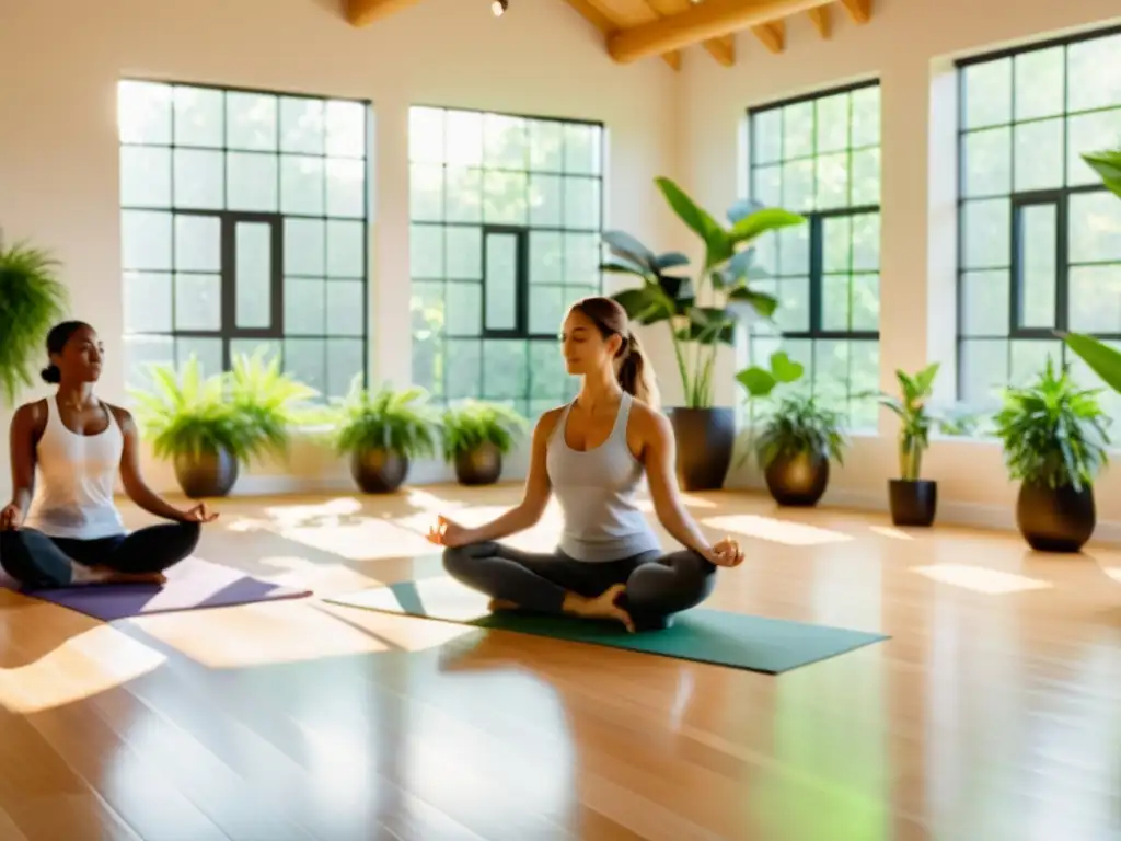 Yoga en un estudio iluminado, serenidad y armonía Práctica de yoga y aromaterapia en un estudio iluminado por el sol, rodeado de plantas verdes