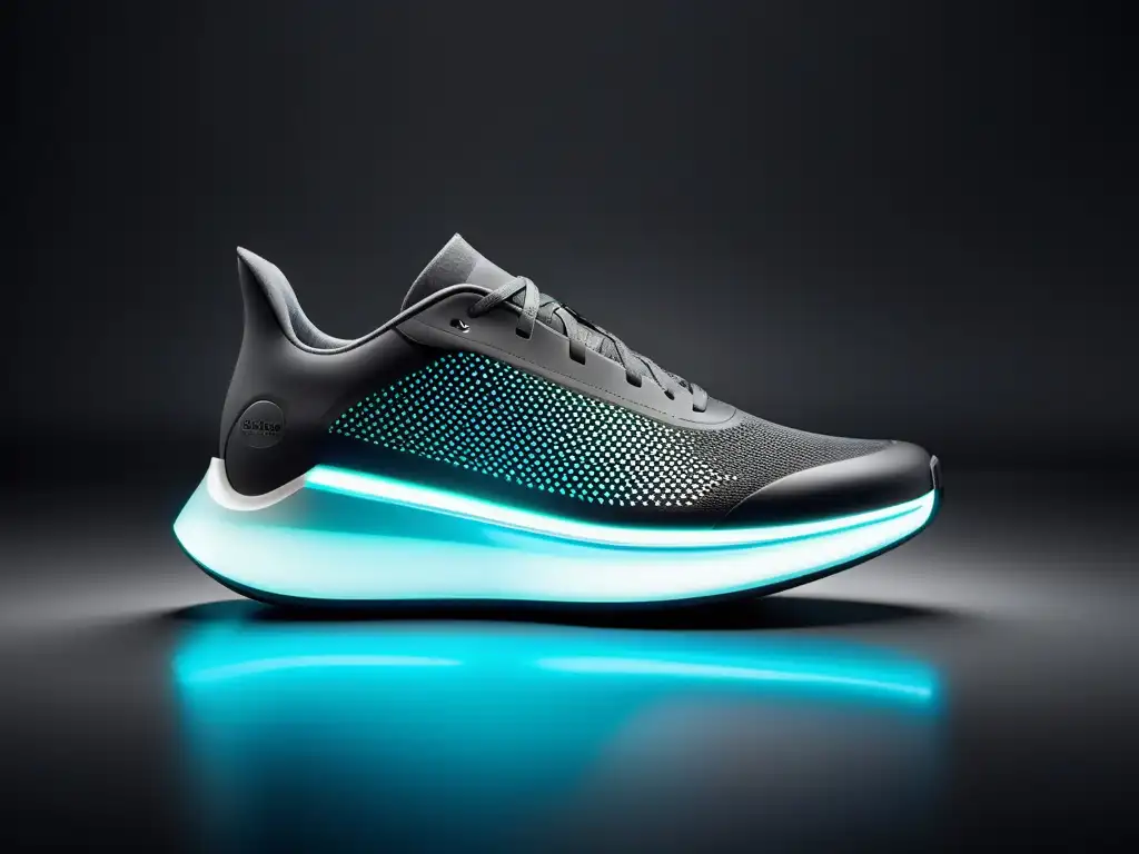 Sneaker tecnológico en movimiento Un zapato moderno con sensores integrados en su suela y laterales, en un entorno futurista
