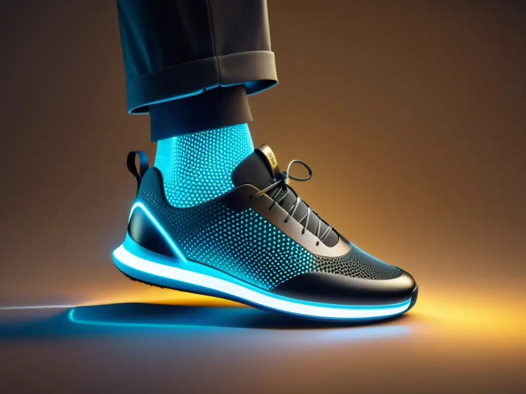 Zapatos inteligentes con tecnología de sensores Zapatos inteligentes con sensores para inmunidad, conectados a un smartphone, destacando detalles futuristas y tecnológicos