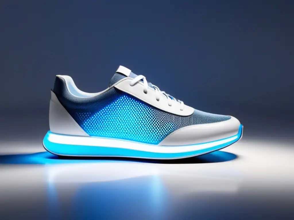 Zapatos inteligentes con tecnología punta para seguimiento de la salud Zapatos modernos con sensores e iluminación azul futurista, innovación en calzado para inmunidad y salud